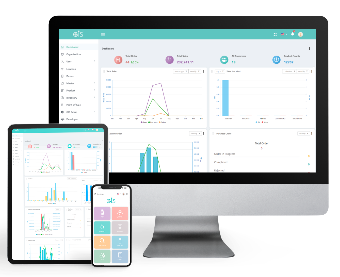 Jewelry ERP Software dashboard on desktop, tablet and phone